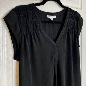 EUC DR2 Black Sheer Cap Sleeve Shirred V-Neck Blouse